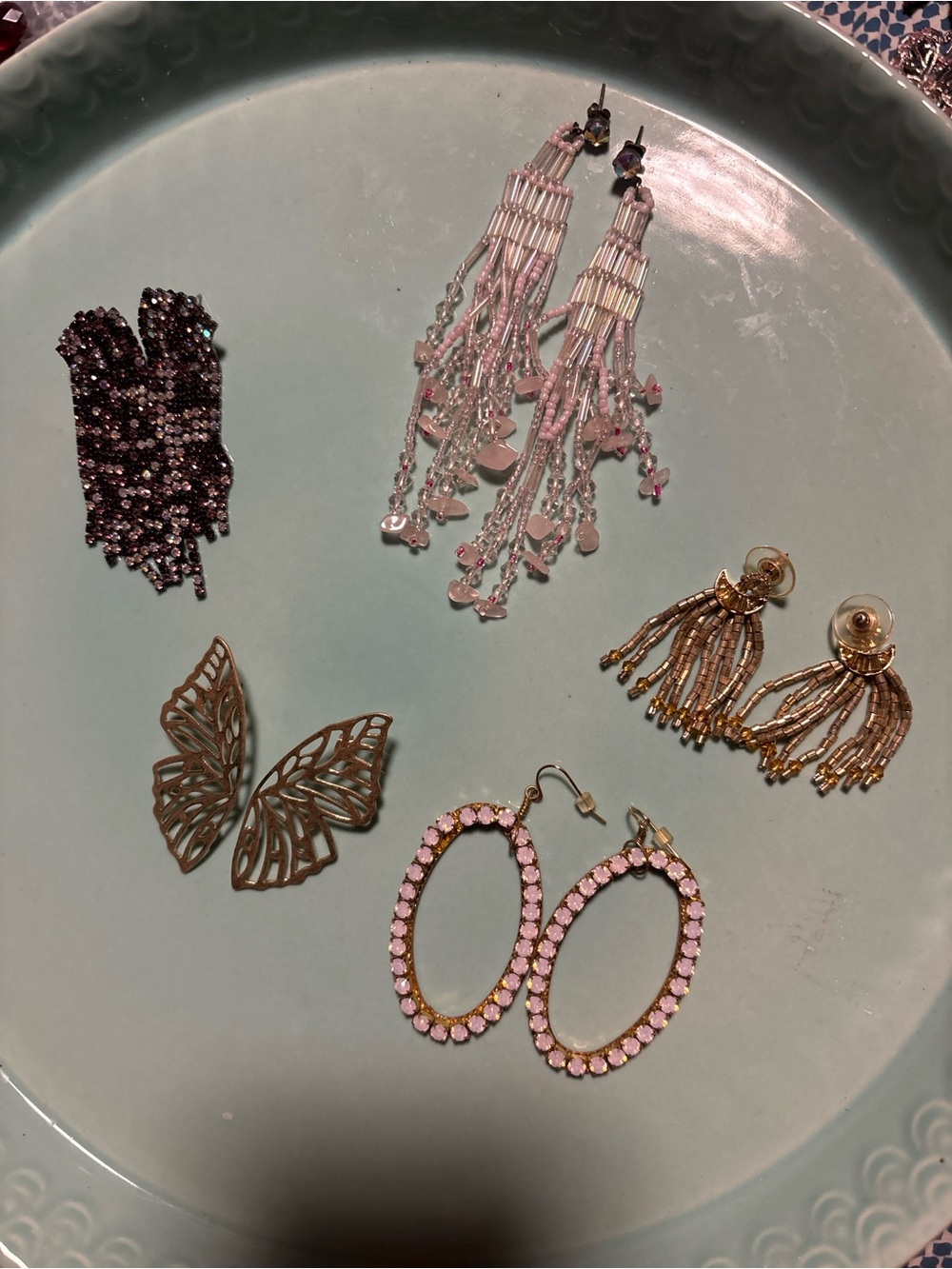 Statement, fashion earrings collection— pink beaded rhinestone gold